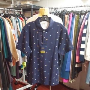 Navy Blue Polo Style  Shirt with Multicolor Accents